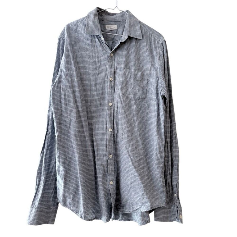 Gap Linen Blend Standard Fit Pinstripe Long Sleeve Gray Button Down Shirt Large